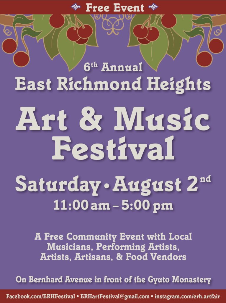 Poster with purple background and images of cherries in trees, with information about the 6th Annual East Richmond Richmond Heights Art & Music Festival